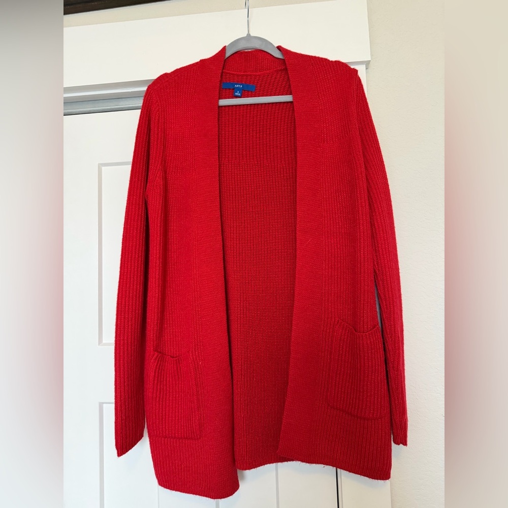 Apt. 9 Red Open Front Shimmery Longline Cardigan Sweater with Pockets